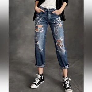 Free People CEM Embellished Boyfriend Jeans Women's 30 Distressed Button Fly